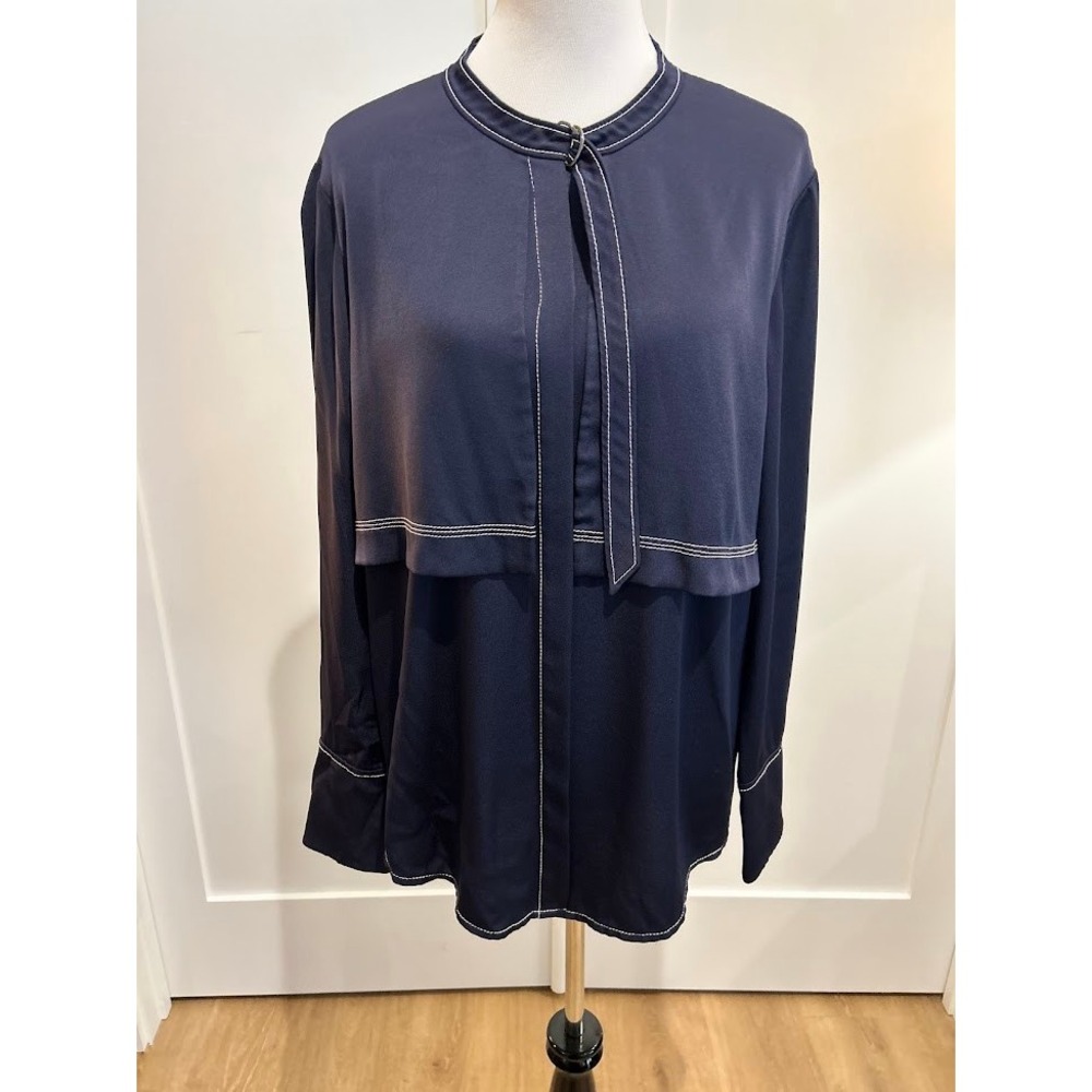 Rebecca Taylor Navy Blue Blouse Tie Neck Contrast Stitch Long Sleeve Size‎ 14